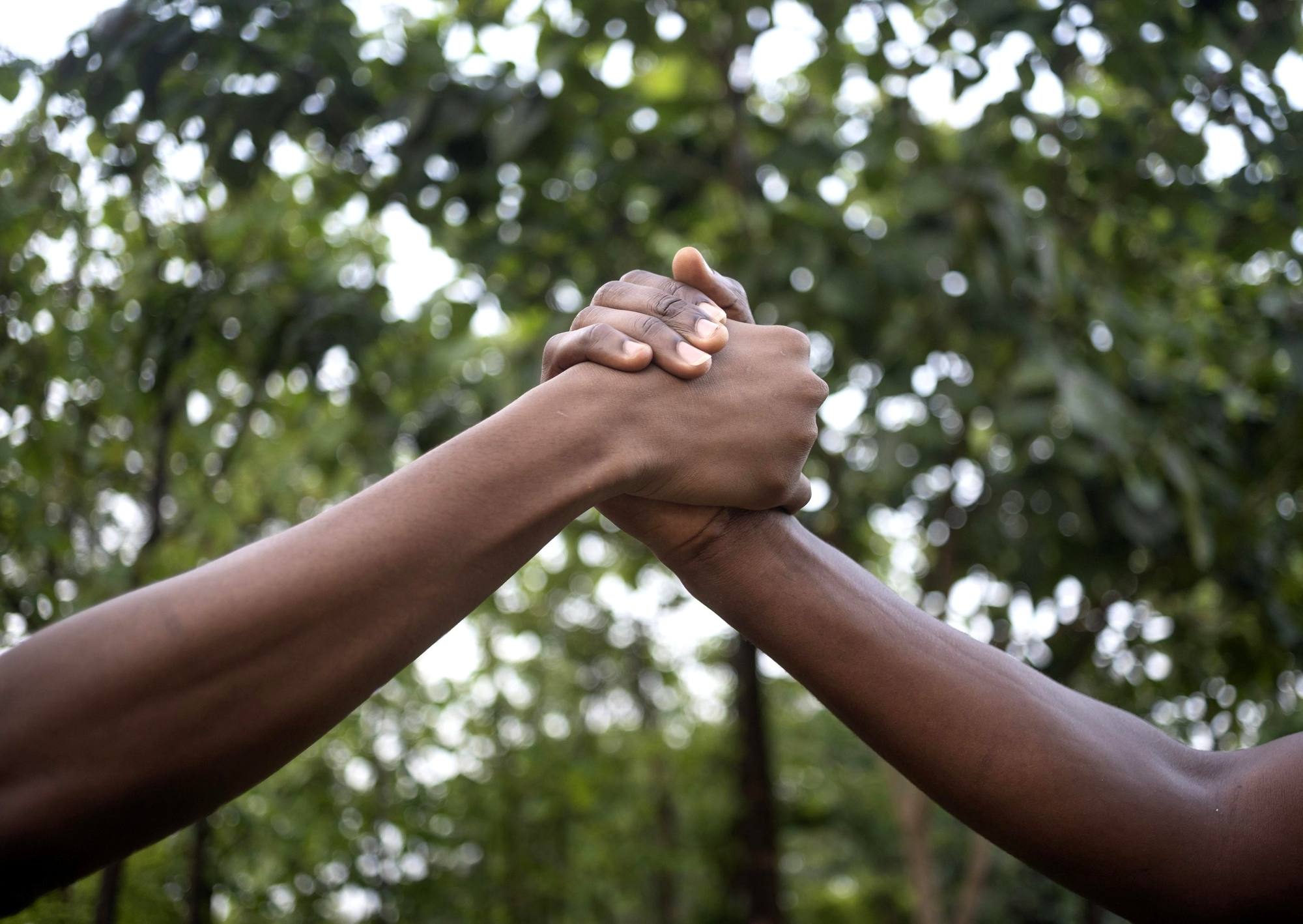 Two arms clasped in a solidarity grip